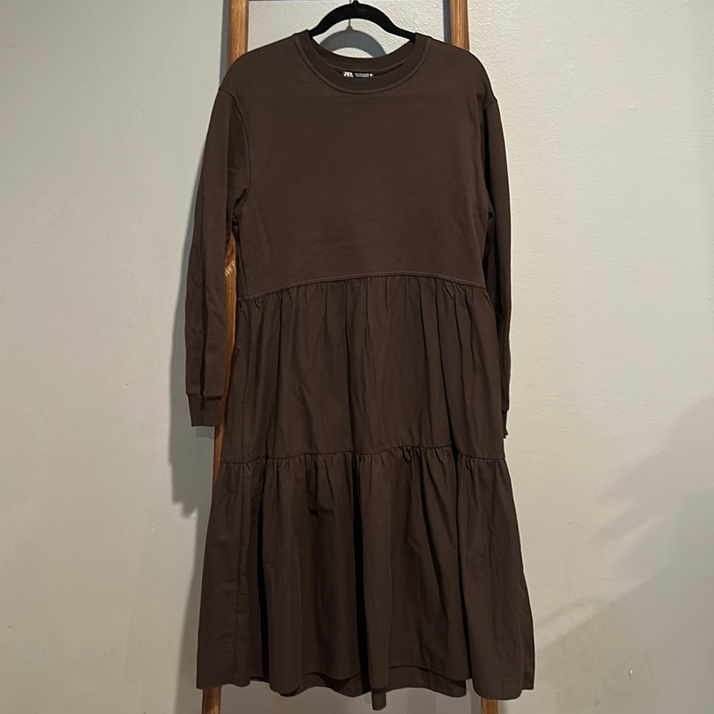 NWOT ZARA sweatshirt dress midi tiered brown size small